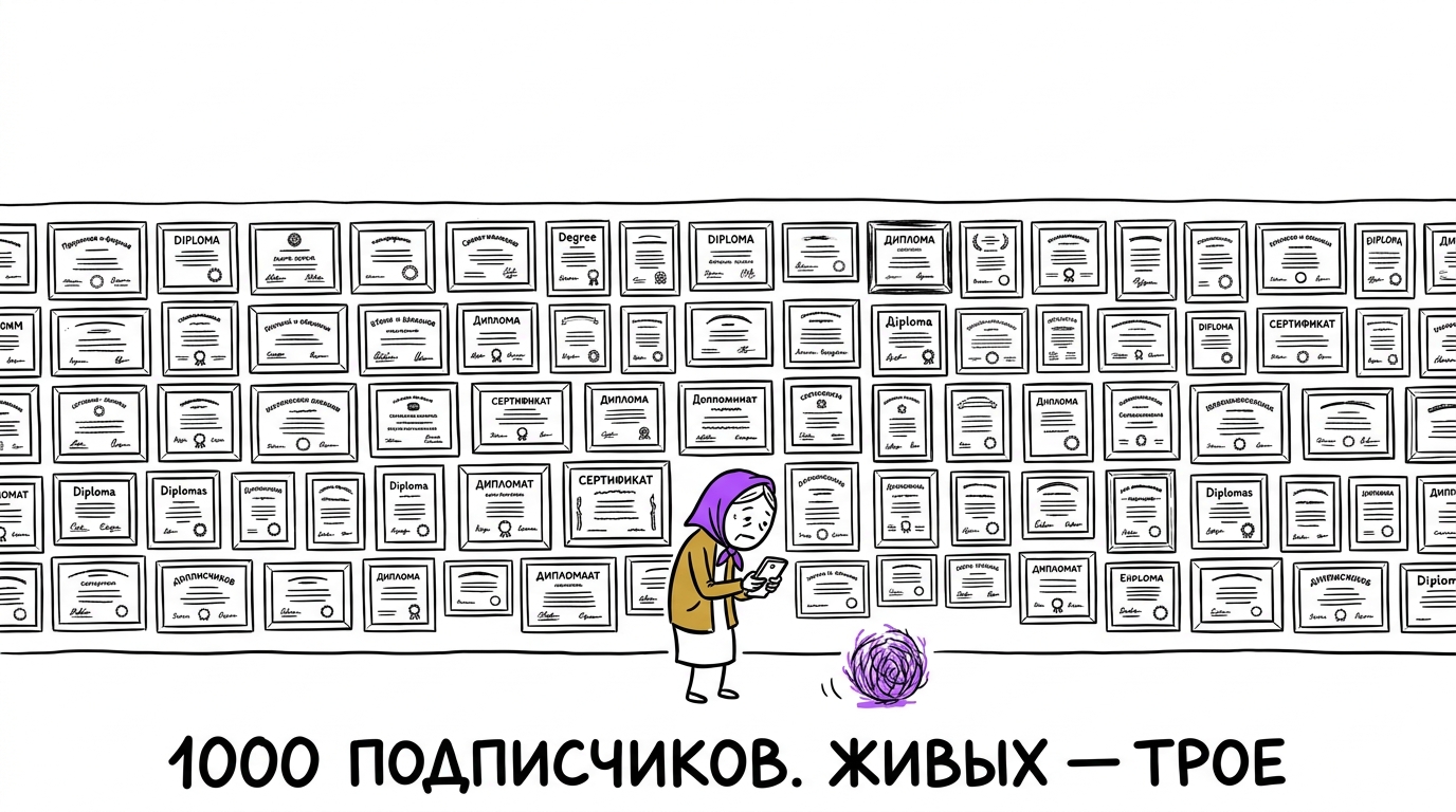 Стена из грамот клиники и один читатель Telegram-канала — метафора мёртвой аудитории