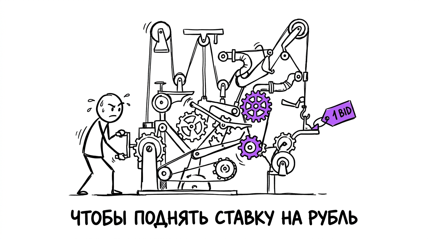Человек крутит гигантский механизм из десятков шестерёнок и рычагов, чтобы поднять ценник со ставкой всего на один рубль — метафора того, что автостратегии в Директе требуют постоянной ручной настройки целей, а не работают сами