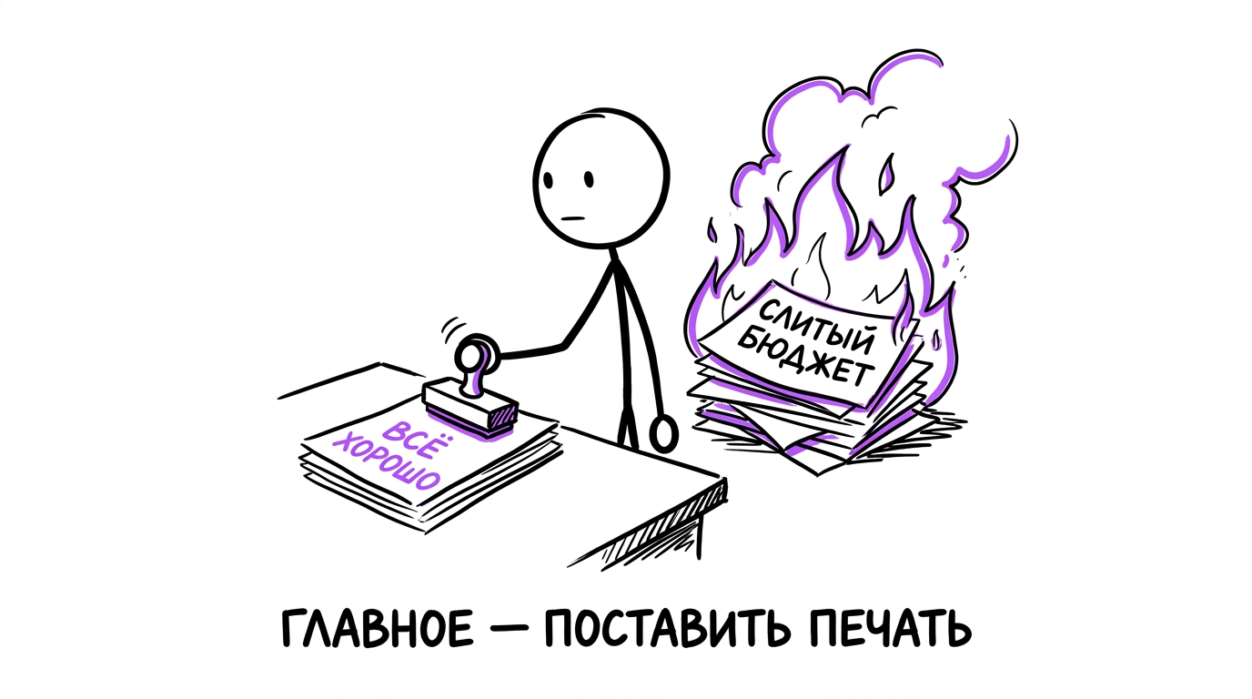 Человек равнодушно ставит резиновую печать «ВСЁ ХОРОШО» на пачку бумаг, пока у него за спиной горит стопка документов с надписью «слитый бюджет» — метафора формального отчёта по рекламе без реальной диагностики проблем