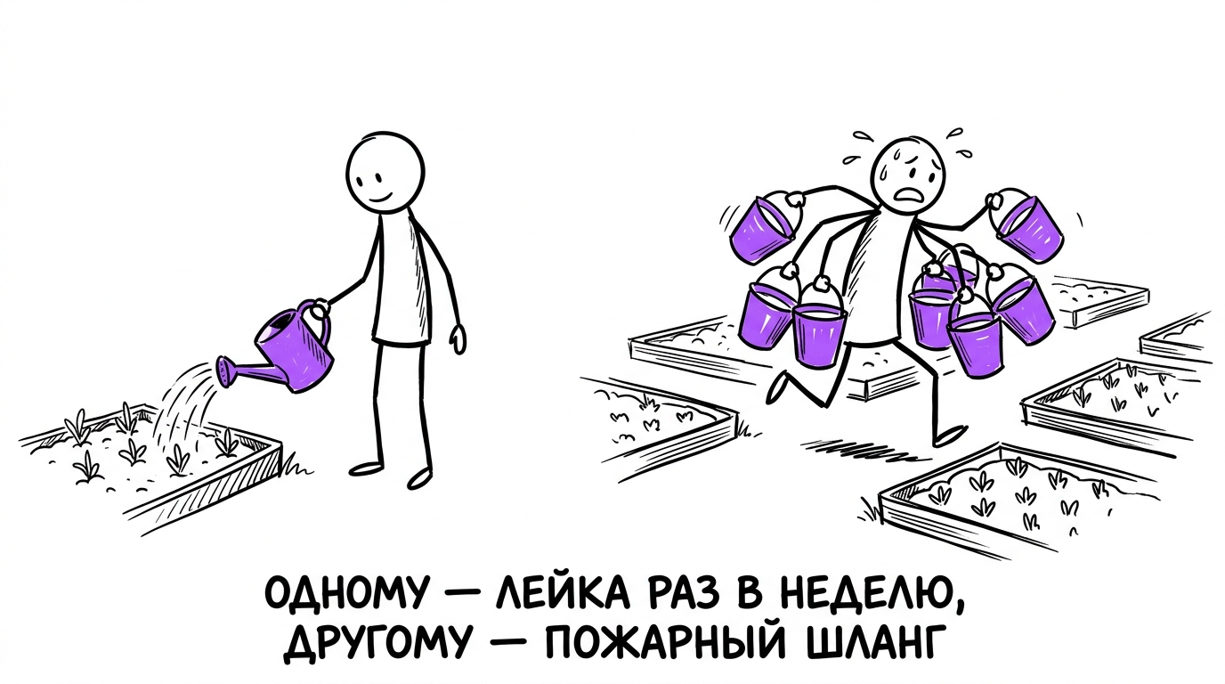 Два одинаковых кадра рядом: в одном человек спокойно поливает одну грядку лейкой раз в неделю, в другом второй человек бегает с десятком вёдер между грядками одновременно — метафора разной частоты ведения рекламных кампаний для маленького и крупного бюджета