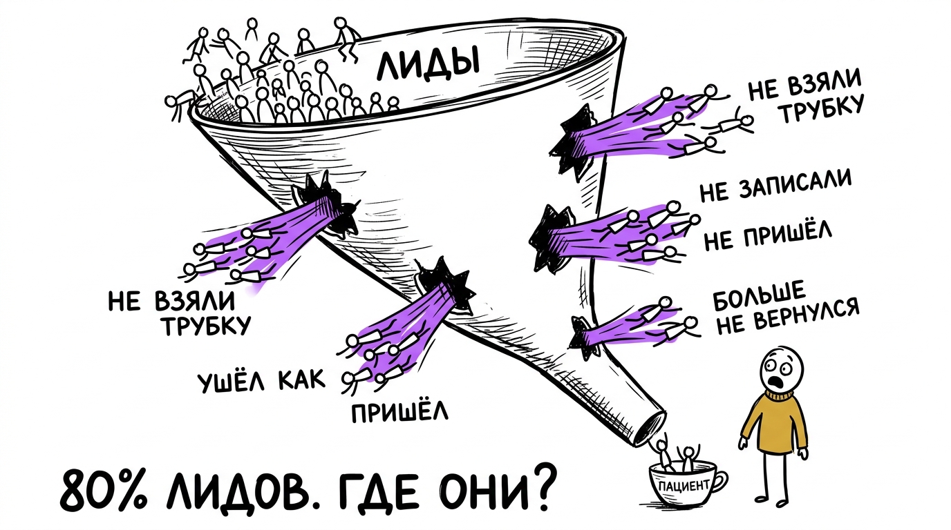 Воронка продаж медицинской клиники — лиды теряются на каждом этапе от рекламы до записи