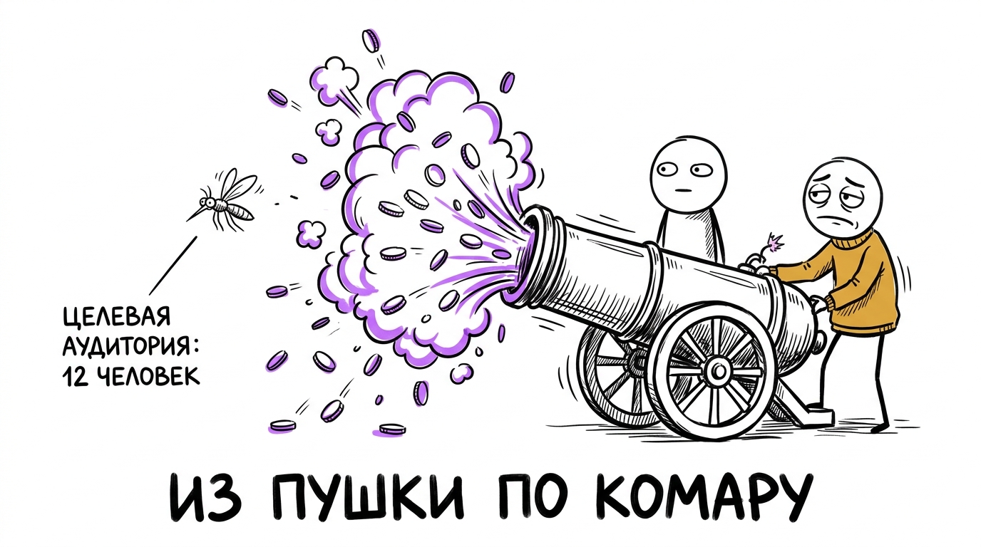 Человек стреляет из огромной пушки по крошечному комару с подписью «целевая аудитория: 12 человек» — метафора широкого нецелевого таргетинга при самостоятельной настройке Яндекс Директа