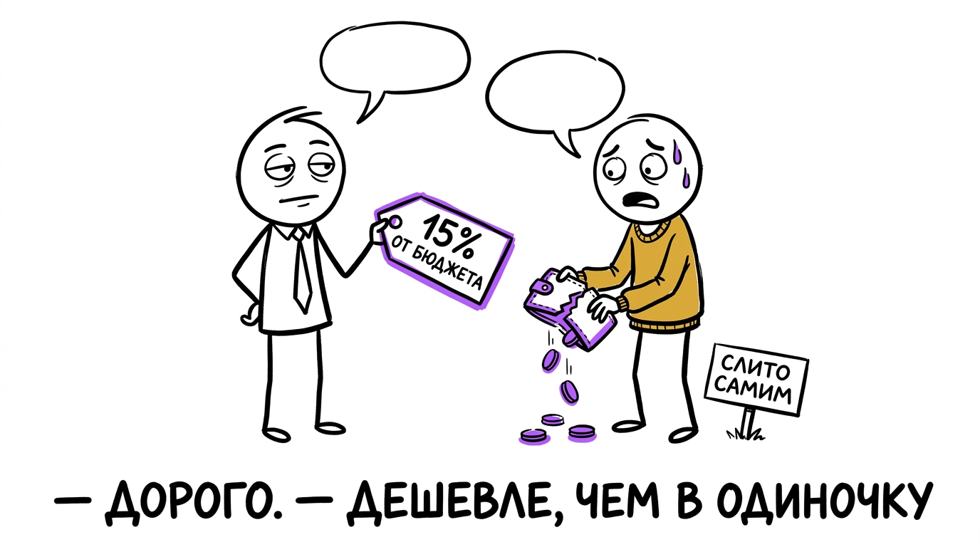 Диалог двух персонажей: один показывает ценник «15% от бюджета», другой в ужасе держит дырявый кошелёк с подписью «слито самим» — метафора сравнения цены услуги агентства и цены собственных ошибок