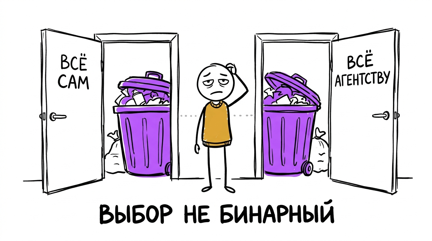 Человек стоит между двумя одинаковыми дверями «всё сам» и «всё агентству», обе ведут в один и тот же мусорный бак — метафора ложного бинарного выбора между самостоятельной настройкой и полным аутсорсом Директа